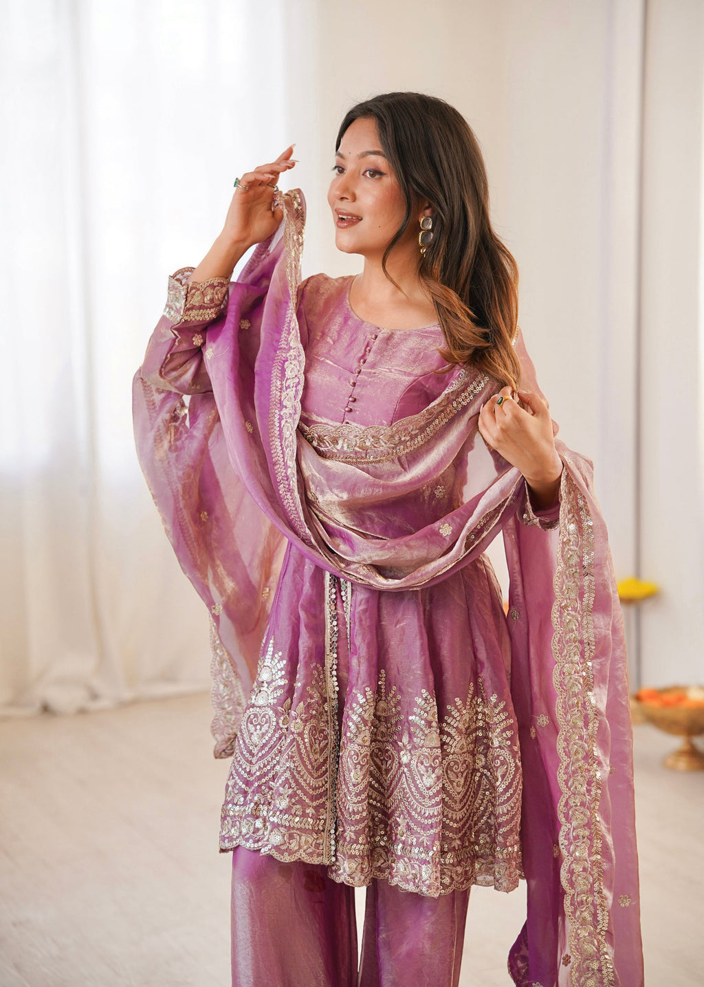 Lorenvalley Fashion Pink Fendy Satin Embroidery Sequins work with Real Mirror Kurta Palazzo with Dupatta - Distacart