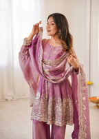 Lorenvalley Fashion Pink Fendy Satin Embroidery Sequins work with Real Mirror Kurta Palazzo with Dupatta - Distacart