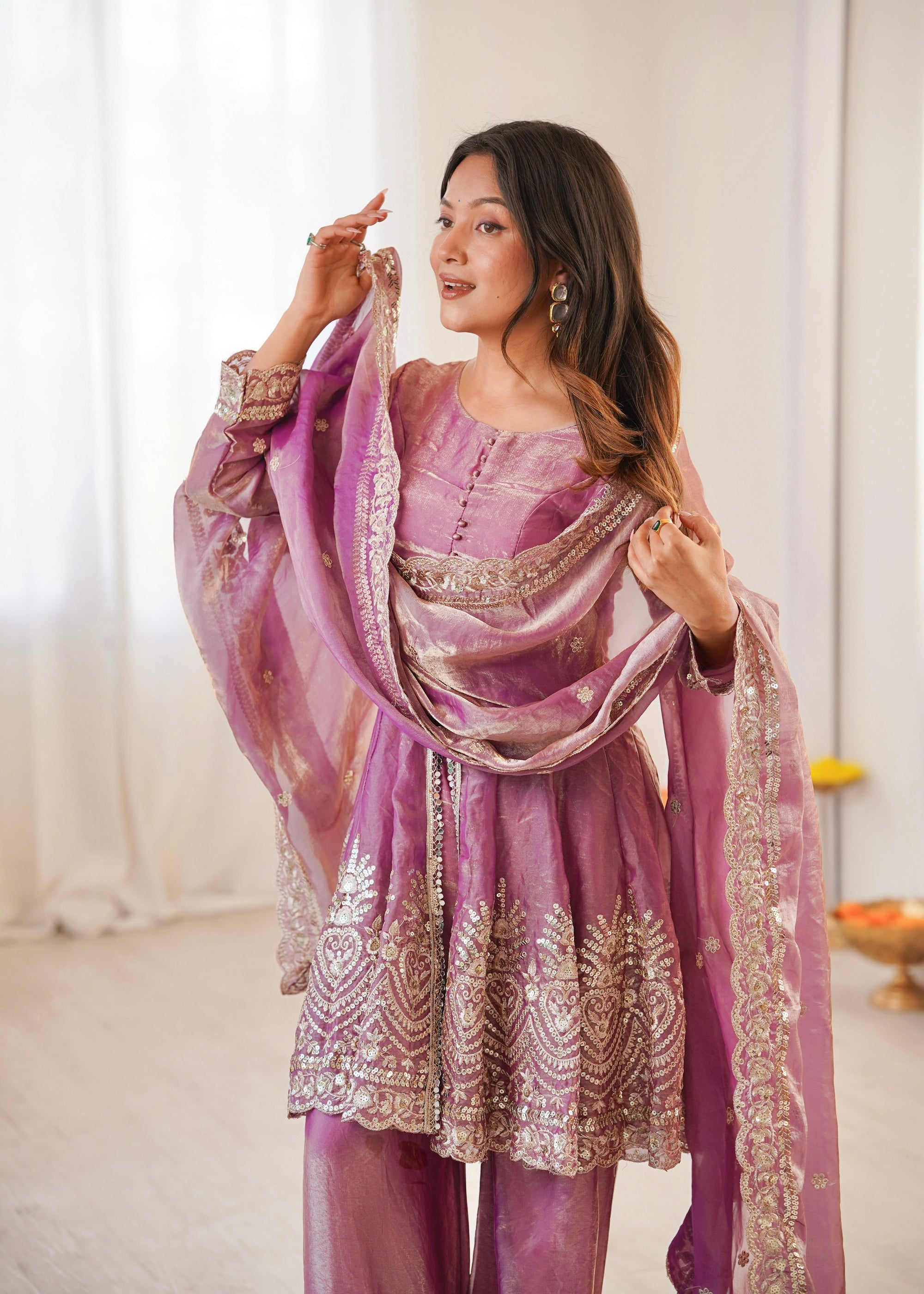 Lorenvalley Fashion Pink Fendy Satin Embroidery Sequins work with Real Mirror Kurta Palazzo with Dupatta - Distacart
