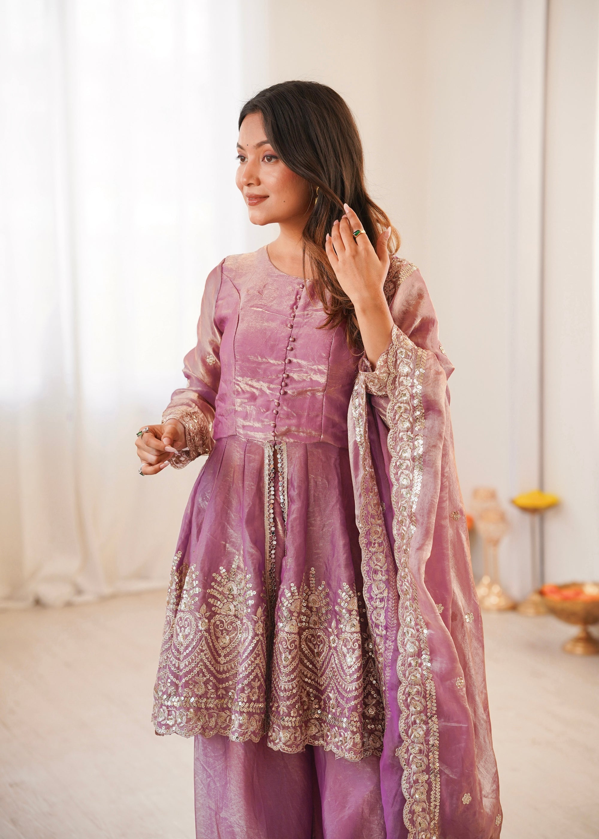 Lorenvalley Fashion Pink Fendy Satin Embroidery Sequins work with Real Mirror Kurta Palazzo with Dupatta - Distacart