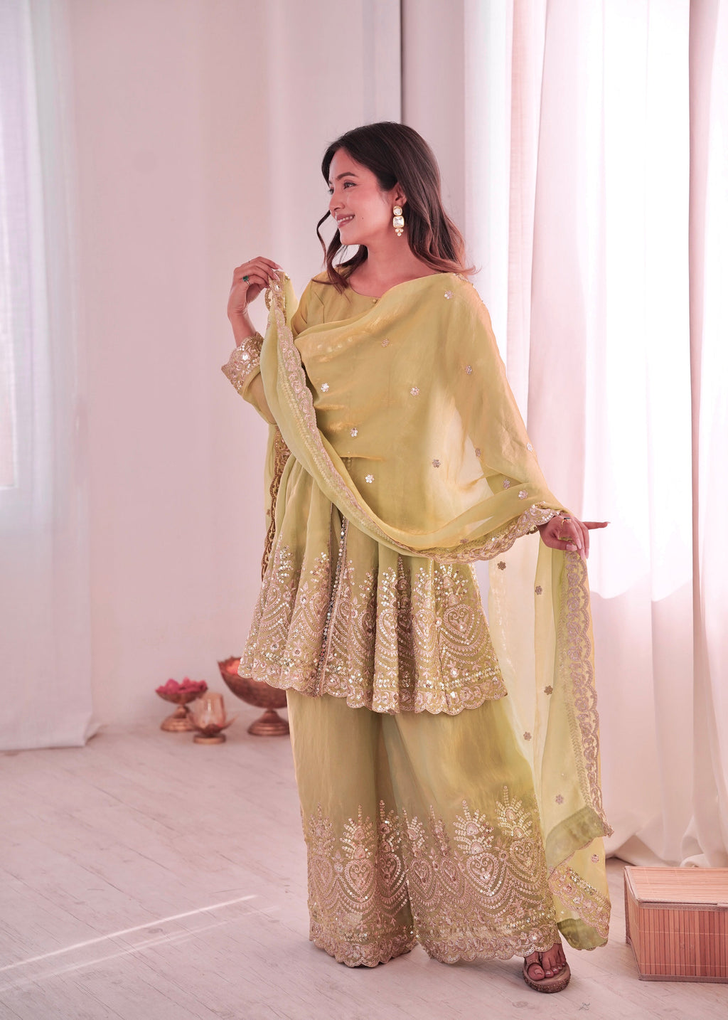 Lorenvalley Fashion Pista Green Fendy Satin Embroidery Sequins work with Real Mirror Kurta Palazzo with Dupatta - Distacart