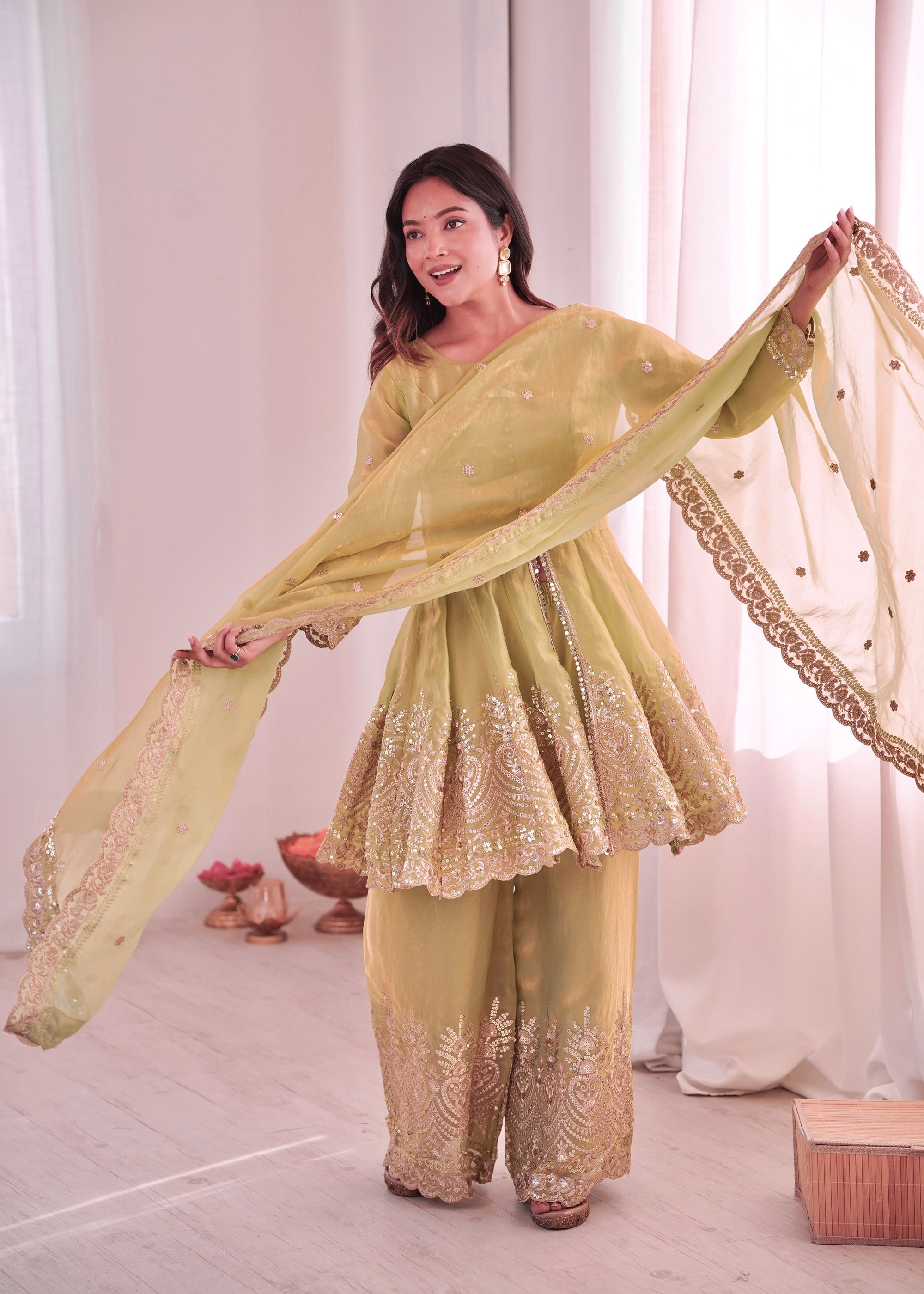 Lorenvalley Fashion Pista Green Fendy Satin Embroidery Sequins work with Real Mirror Kurta Palazzo with Dupatta - Distacart