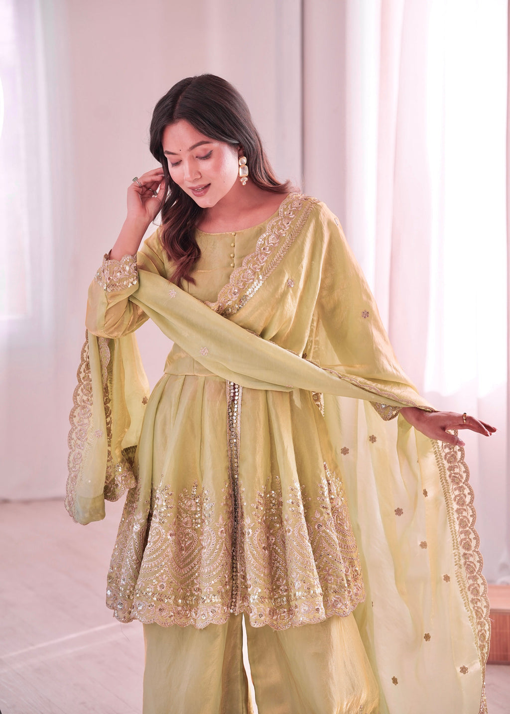 Lorenvalley Fashion Pista Green Fendy Satin Embroidery Sequins work with Real Mirror Kurta Palazzo with Dupatta - Distacart