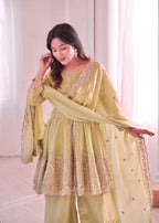 Lorenvalley Fashion Pista Green Fendy Satin Embroidery Sequins work with Real Mirror Kurta Palazzo with Dupatta - Distacart