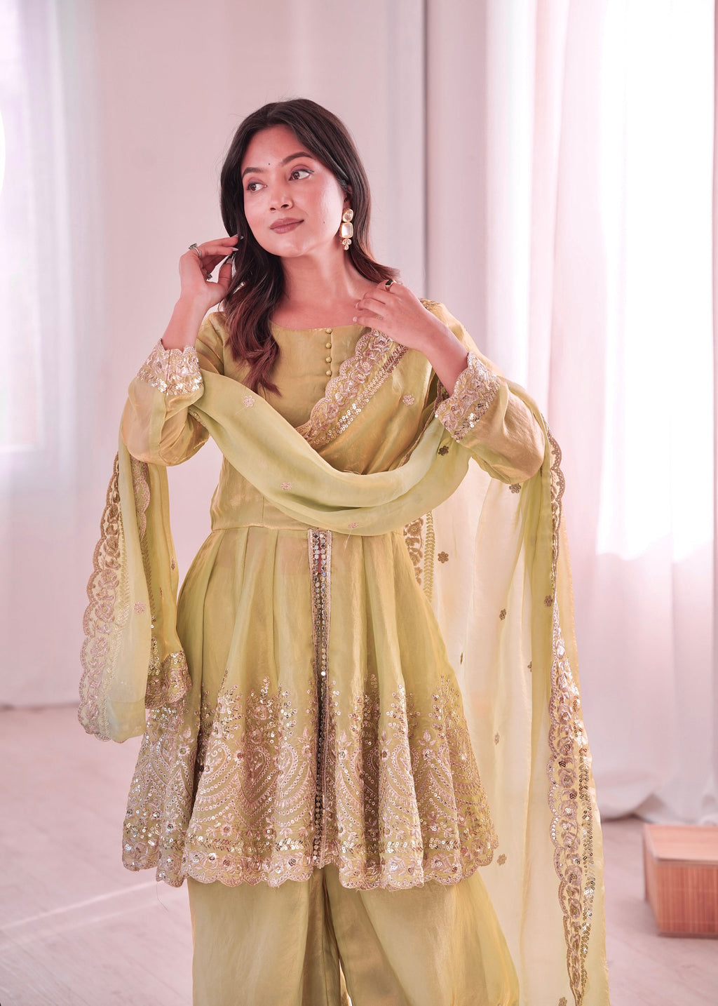 Lorenvalley Fashion Pista Green Fendy Satin Embroidery Sequins work with Real Mirror Kurta Palazzo with Dupatta - Distacart