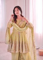 Lorenvalley Fashion Pista Green Fendy Satin Embroidery Sequins work with Real Mirror Kurta Palazzo with Dupatta - Distacart