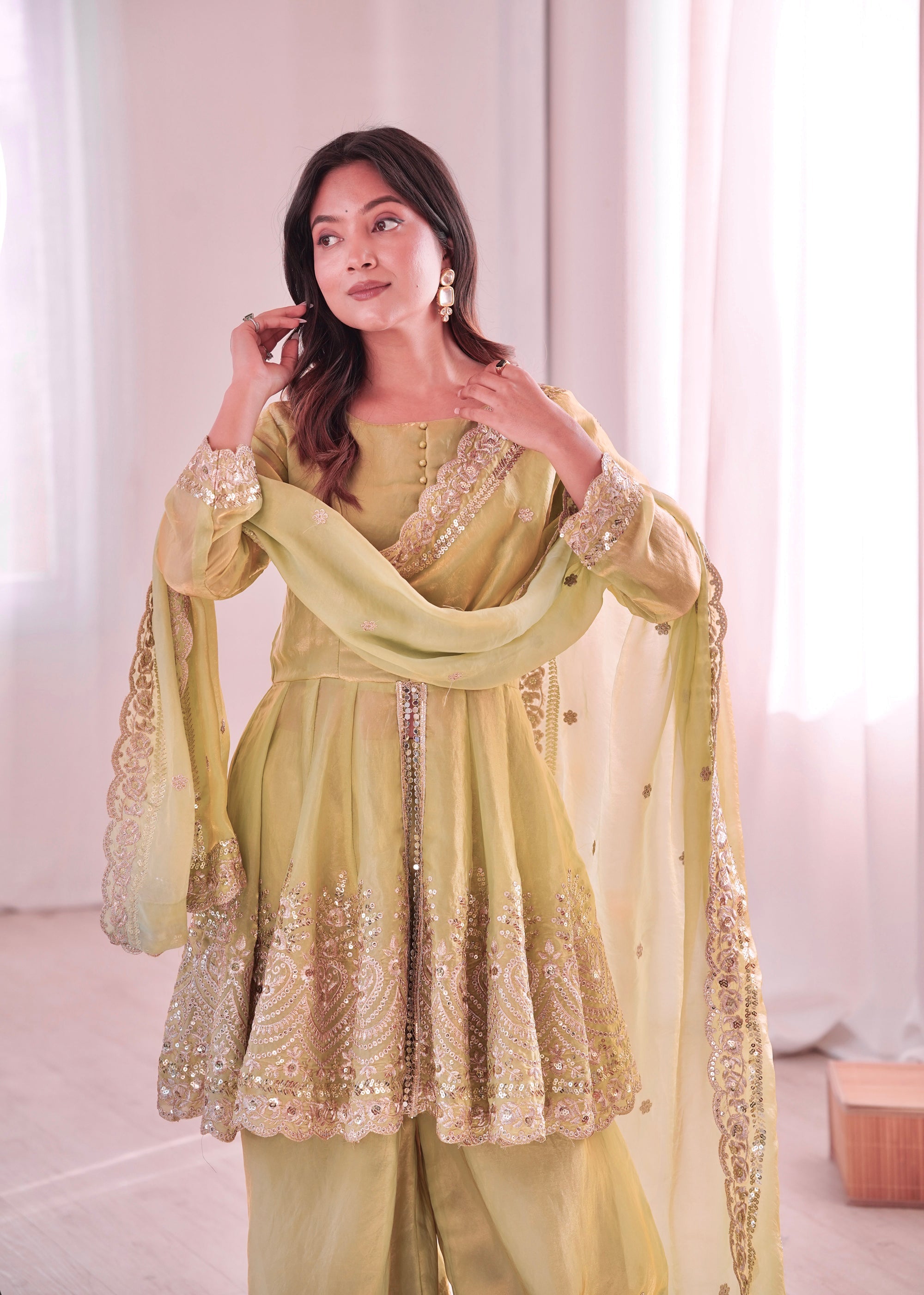 Lorenvalley Fashion Pista Green Fendy Satin Embroidery Sequins work with Real Mirror Kurta Palazzo with Dupatta - Distacart