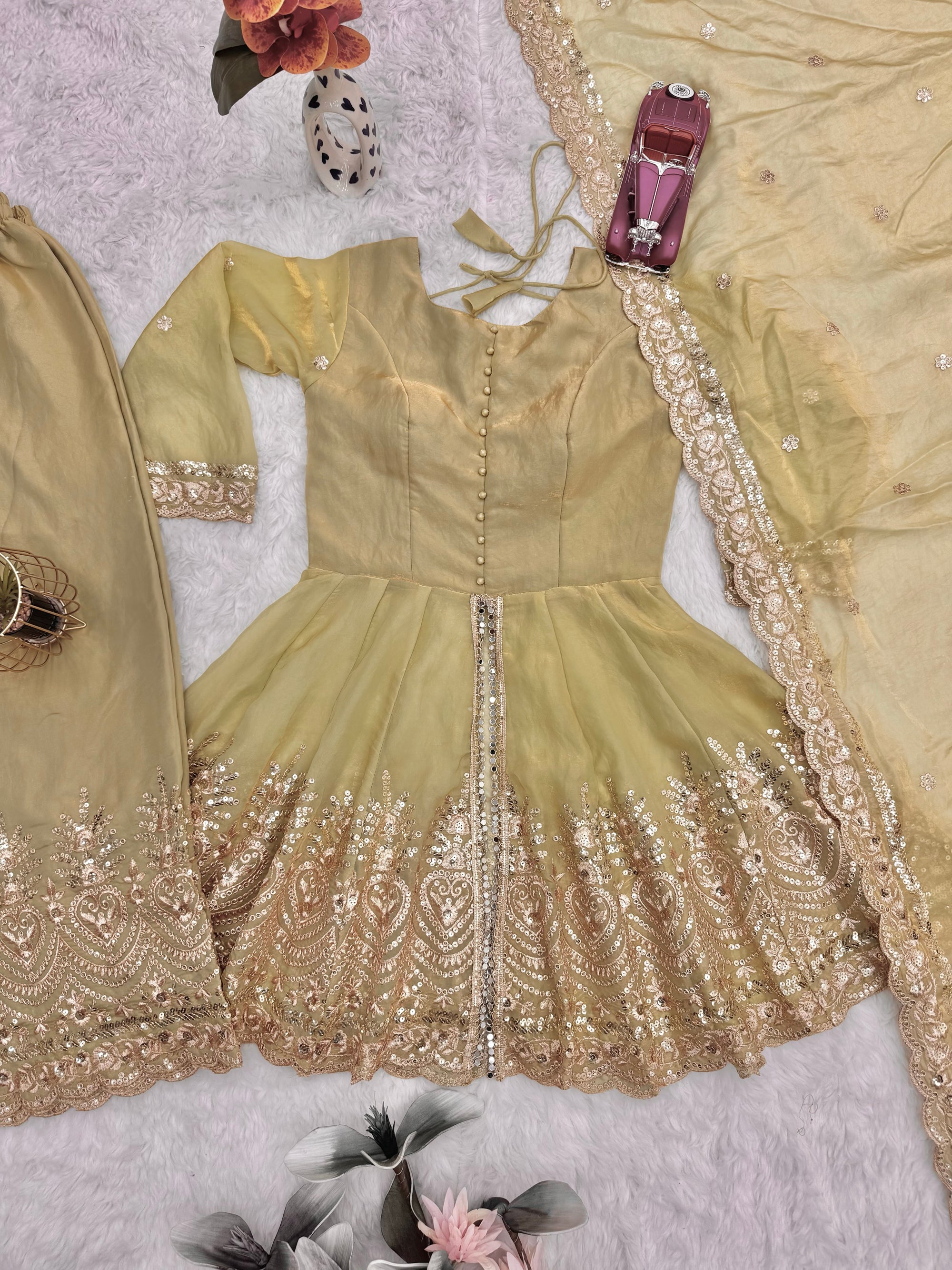 Lorenvalley Fashion Pista Green Fendy Satin Embroidery Sequins work with Real Mirror Kurta Palazzo with Dupatta - Distacart