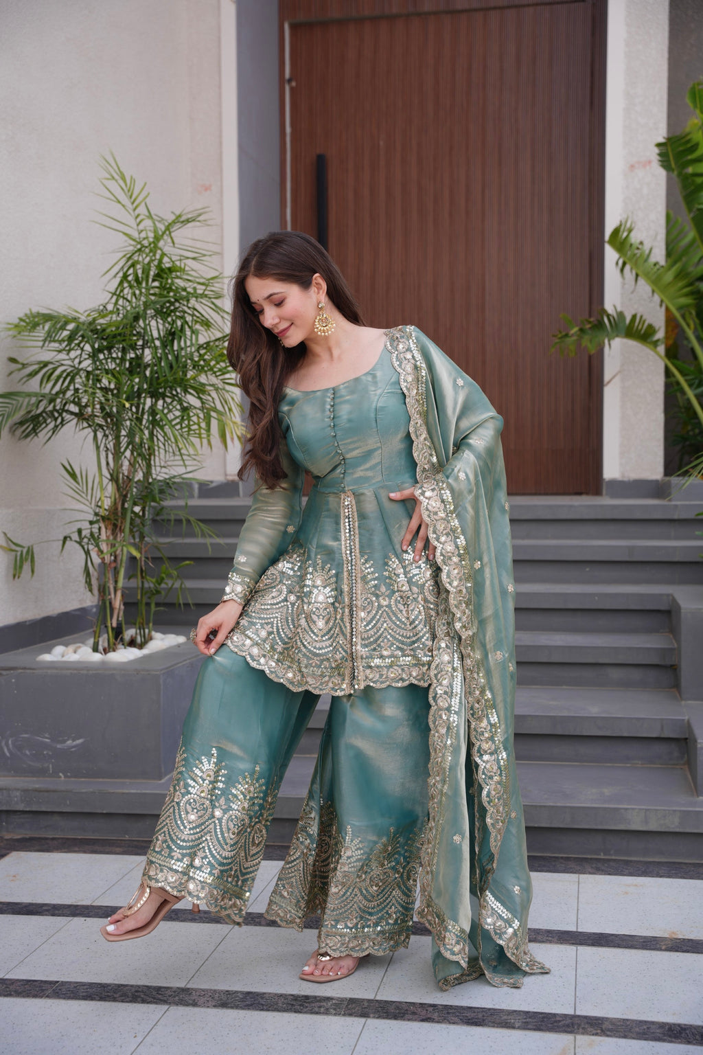 Lorenvalley Fashion Seagreen Fendy Satin Embroidery Sequins work with Real Mirror Kurta Palazzo with Dupatta - Distacart