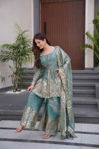 Lorenvalley Fashion Seagreen Fendy Satin Embroidery Sequins work with Real Mirror Kurta Palazzo with Dupatta - Distacart