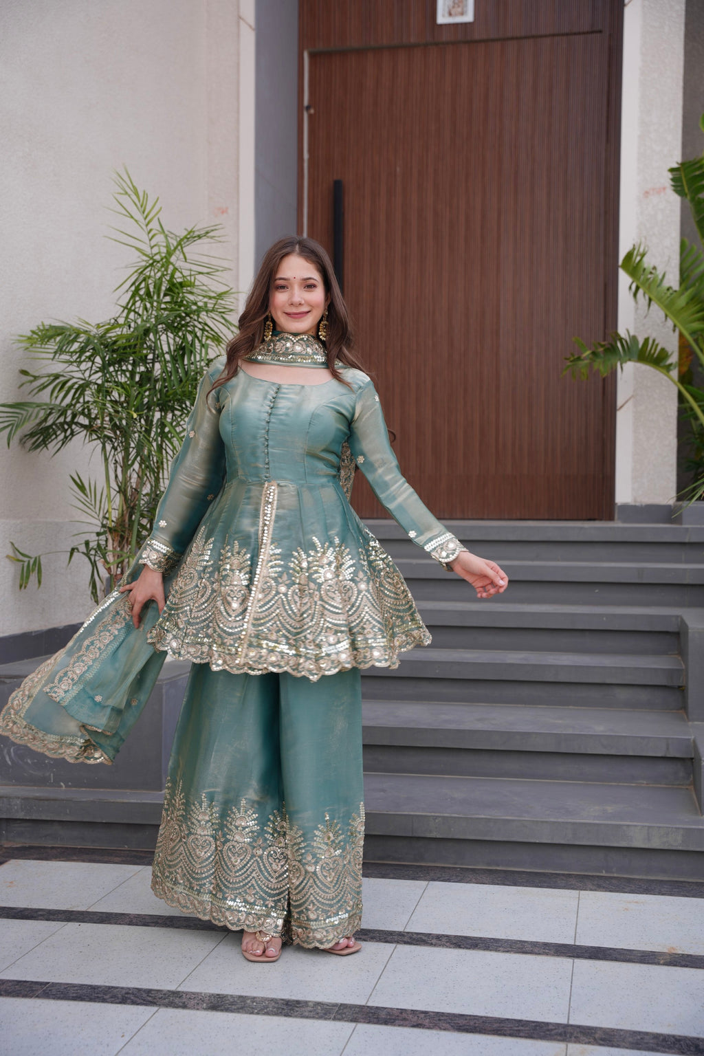 Lorenvalley Fashion Seagreen Fendy Satin Embroidery Sequins work with Real Mirror Kurta Palazzo with Dupatta - Distacart