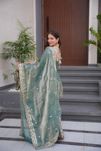 Lorenvalley Fashion Seagreen Fendy Satin Embroidery Sequins work with Real Mirror Kurta Palazzo with Dupatta - Distacart