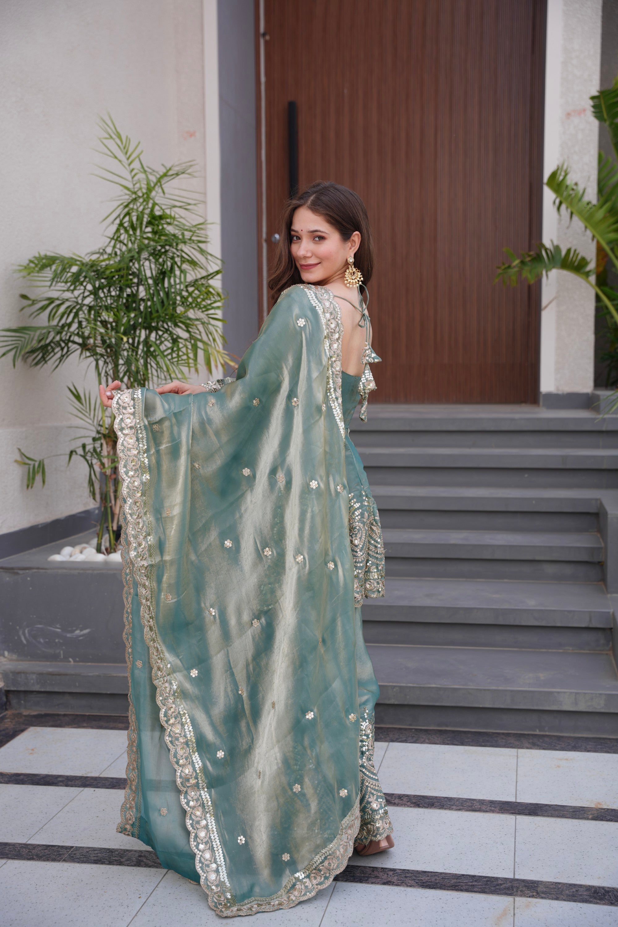 Lorenvalley Fashion Seagreen Fendy Satin Embroidery Sequins work with Real Mirror Kurta Palazzo with Dupatta - Distacart