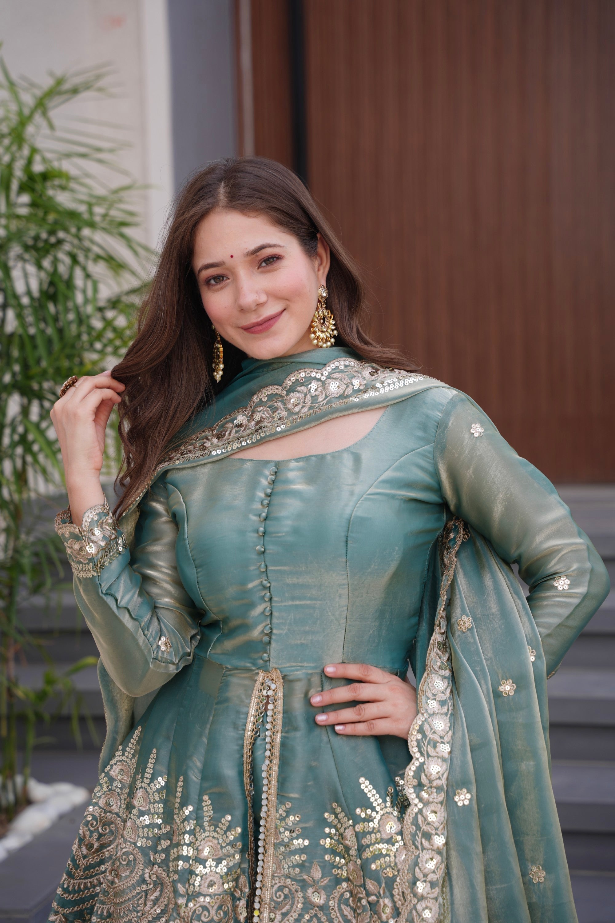 Lorenvalley Fashion Seagreen Fendy Satin Embroidery Sequins work with Real Mirror Kurta Palazzo with Dupatta - Distacart