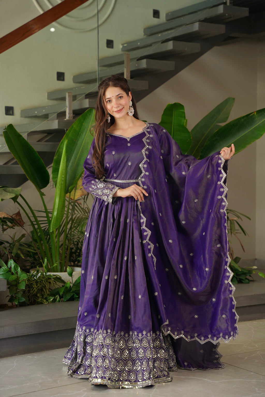 Lorenvalley Fashion Purple Shimmer Silk with Embroidery Sequins Work Anarkali Gown with Dupatta - Distacart