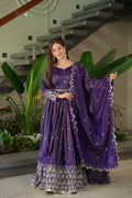 Lorenvalley Fashion Purple Shimmer Silk with Embroidery Sequins Work Anarkali Gown with Dupatta - Distacart