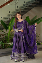 Lorenvalley Fashion Purple Shimmer Silk with Embroidery Sequins Work Anarkali Gown with Dupatta - Distacart