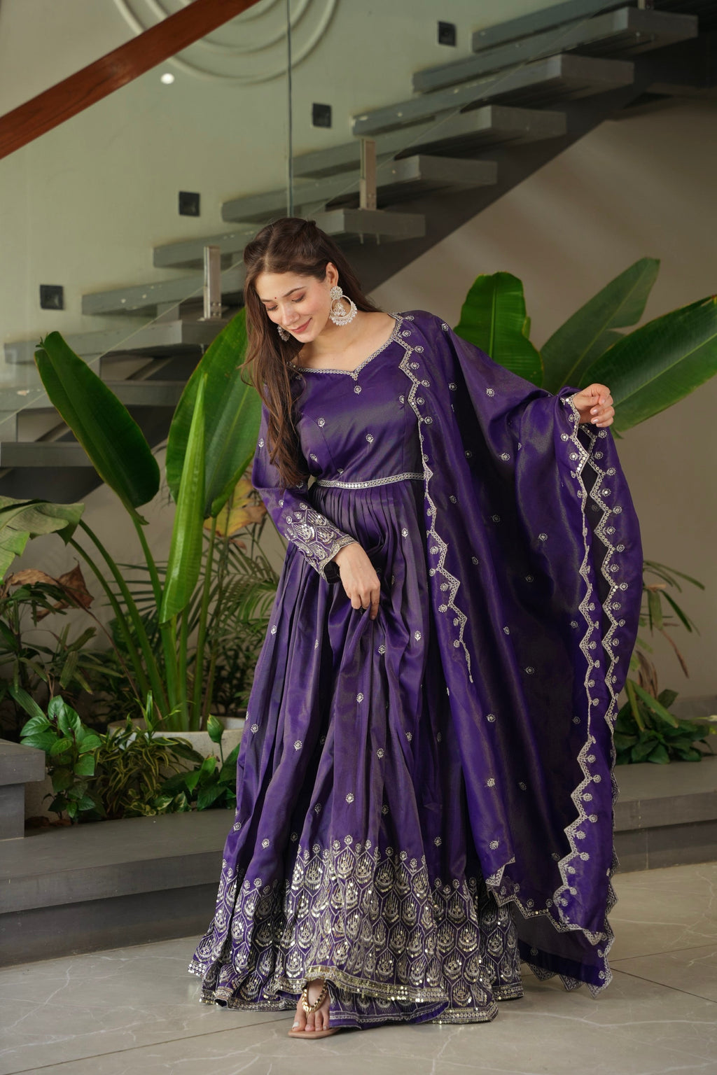 Lorenvalley Fashion Purple Shimmer Silk with Embroidery Sequins Work Anarkali Gown with Dupatta - Distacart