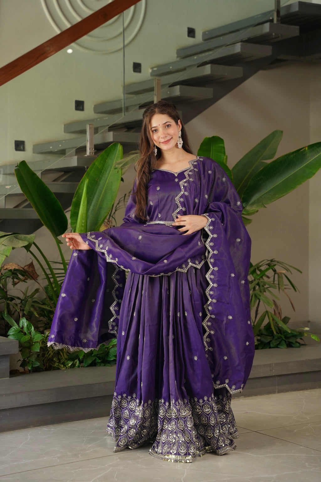Lorenvalley Fashion Purple Shimmer Silk with Embroidery Sequins Work Anarkali Gown with Dupatta - Distacart