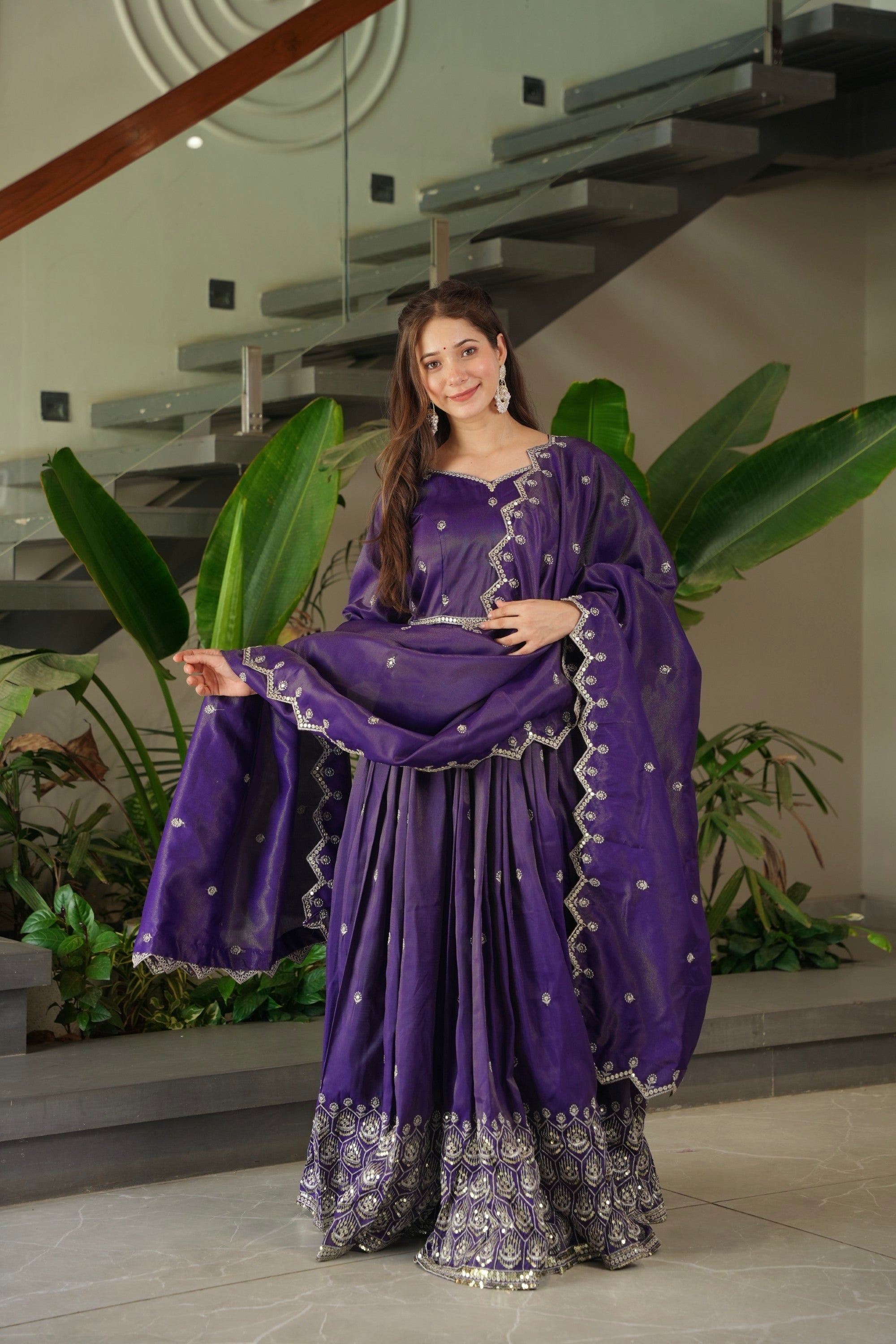 Lorenvalley Fashion Purple Shimmer Silk with Embroidery Sequins Work Anarkali Gown with Dupatta - Distacart
