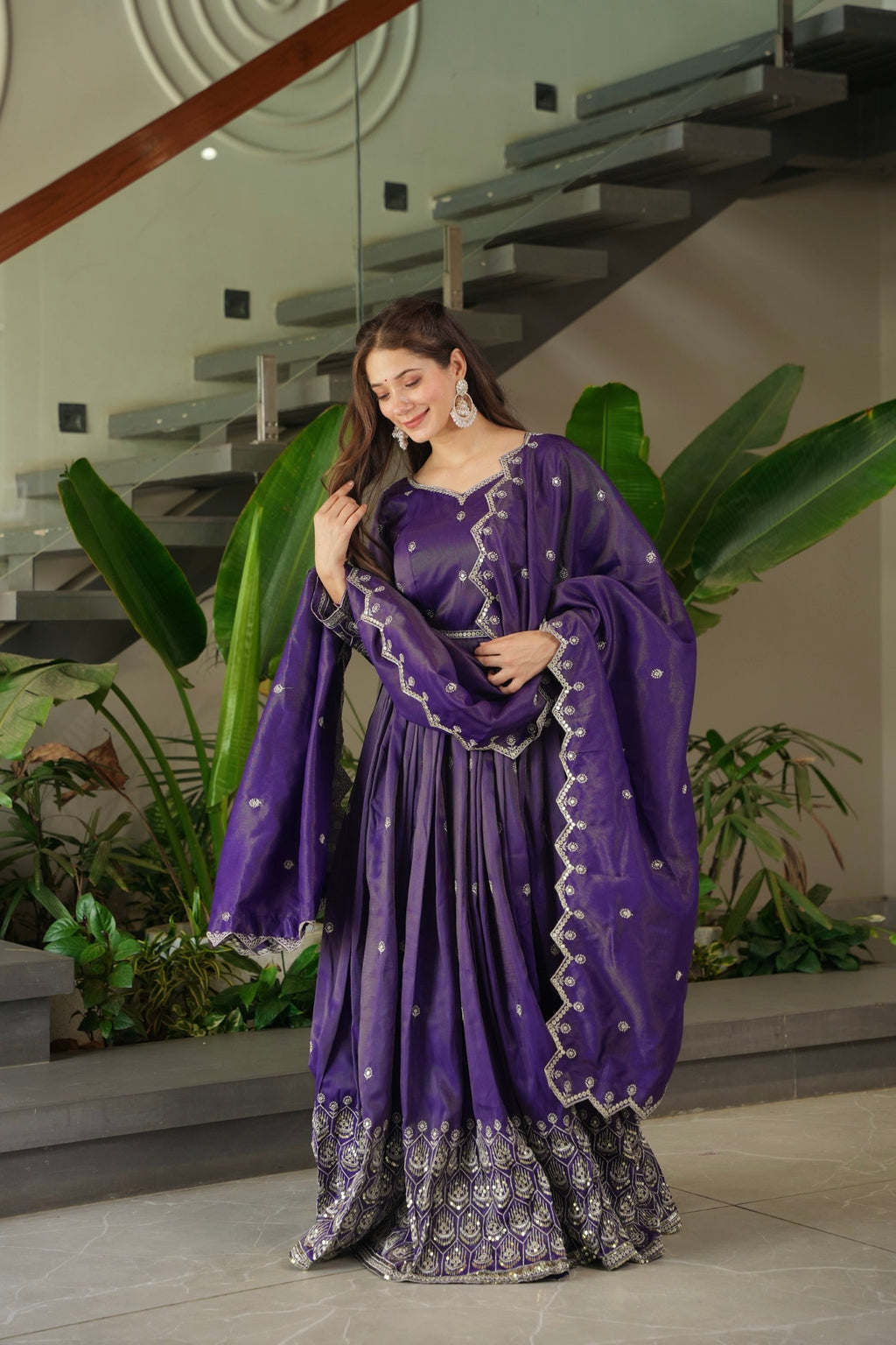 Lorenvalley Fashion Purple Shimmer Silk with Embroidery Sequins Work Anarkali Gown with Dupatta - Distacart