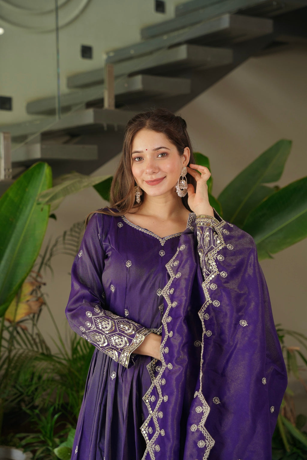 Lorenvalley Fashion Purple Shimmer Silk with Embroidery Sequins Work Anarkali Gown with Dupatta - Distacart