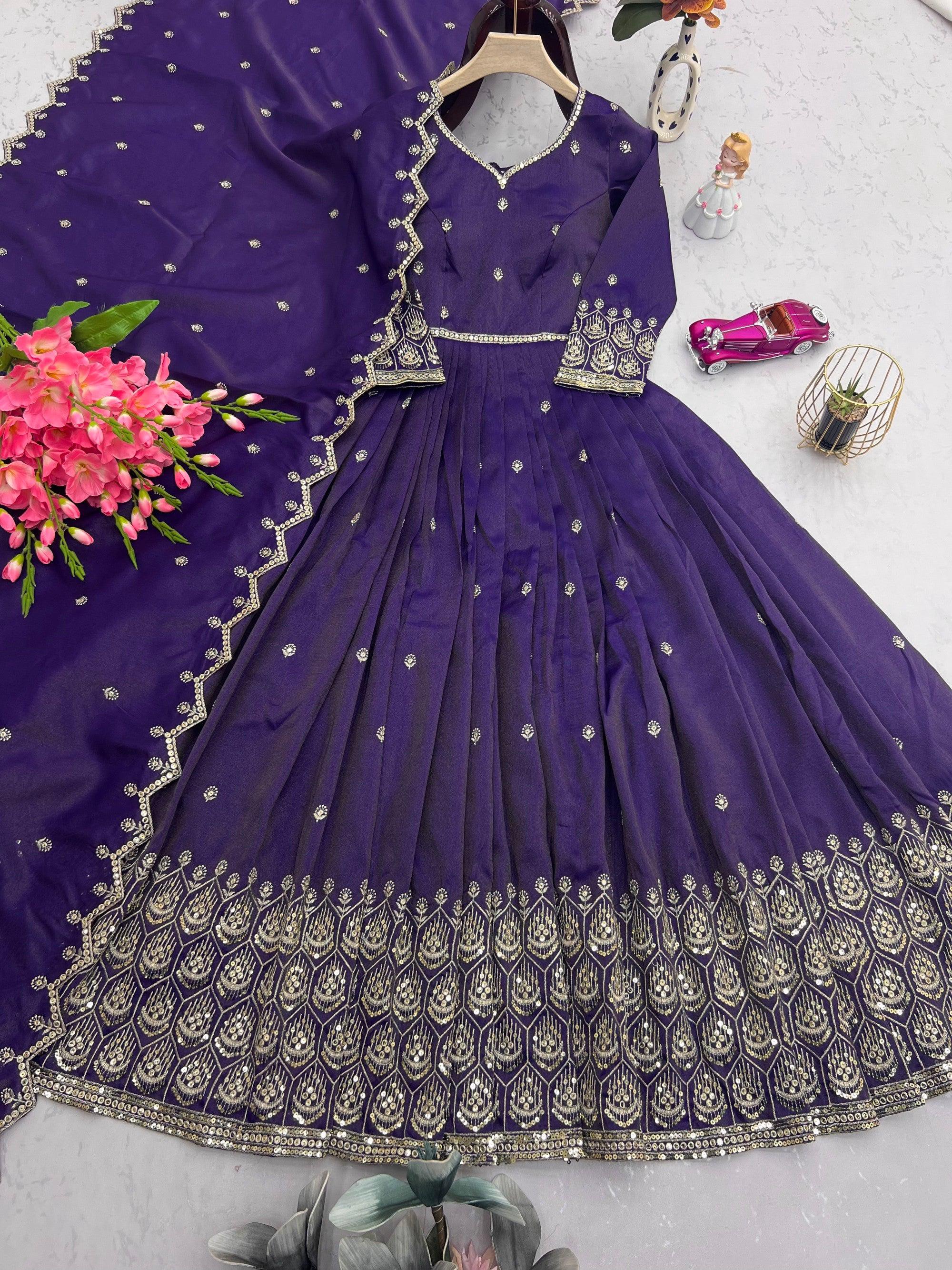 Lorenvalley Fashion Purple Shimmer Silk with Embroidery Sequins Work Anarkali Gown with Dupatta - Distacart