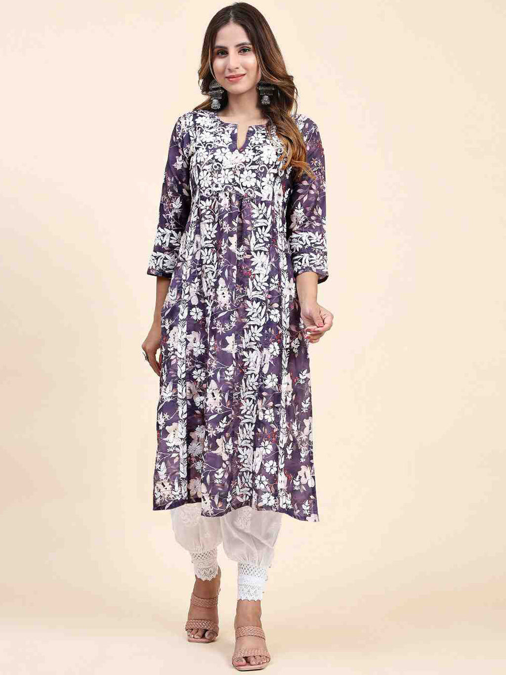 HOUSE OF KARI Floral Printed Chikankari Work Kurta