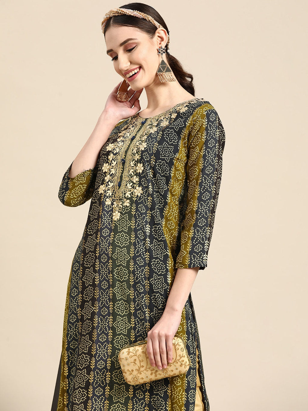 Sangria Women Blue Bandhani Embroidered Thread Work Kurta