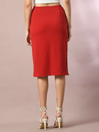 Myshka Women's Red Solid Knee Length Party Embellished Skirts