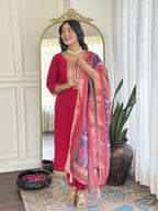 The52 Rani Gorgeous Embroidered Chanderi Silk Fabric Straight Kurta Pant with Dupatta Set - Distacart