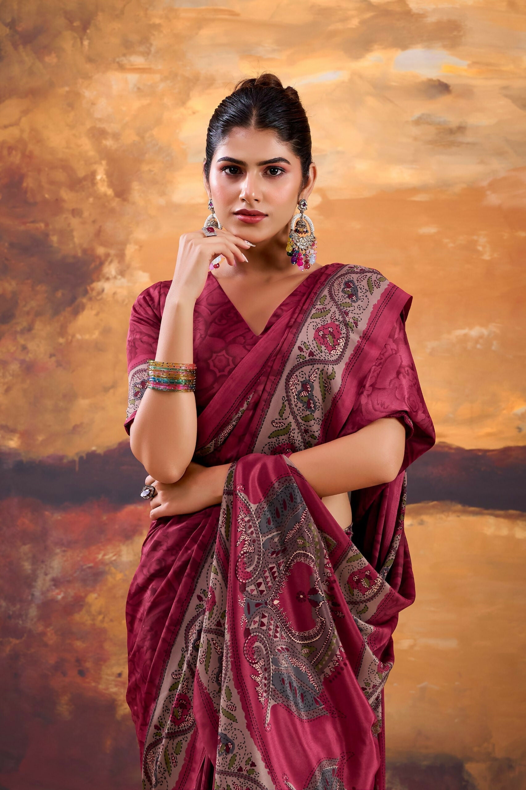 Vastranavya Pink Crepe Printed Saree with Unstitched Blouse - Distacart