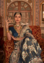 Navy Blue P V Silk Digital Print, Zari Work Printed Saree - Rewaa Parampara