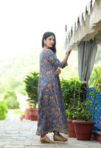 Yufta Women Blue Floral Yoke Design Regular Aari Work Pure Cotton Kurta with Trouser & With Dupatta