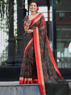 Saree Mall Floral Printed Linen Blend Block Print Sarees - Distacart