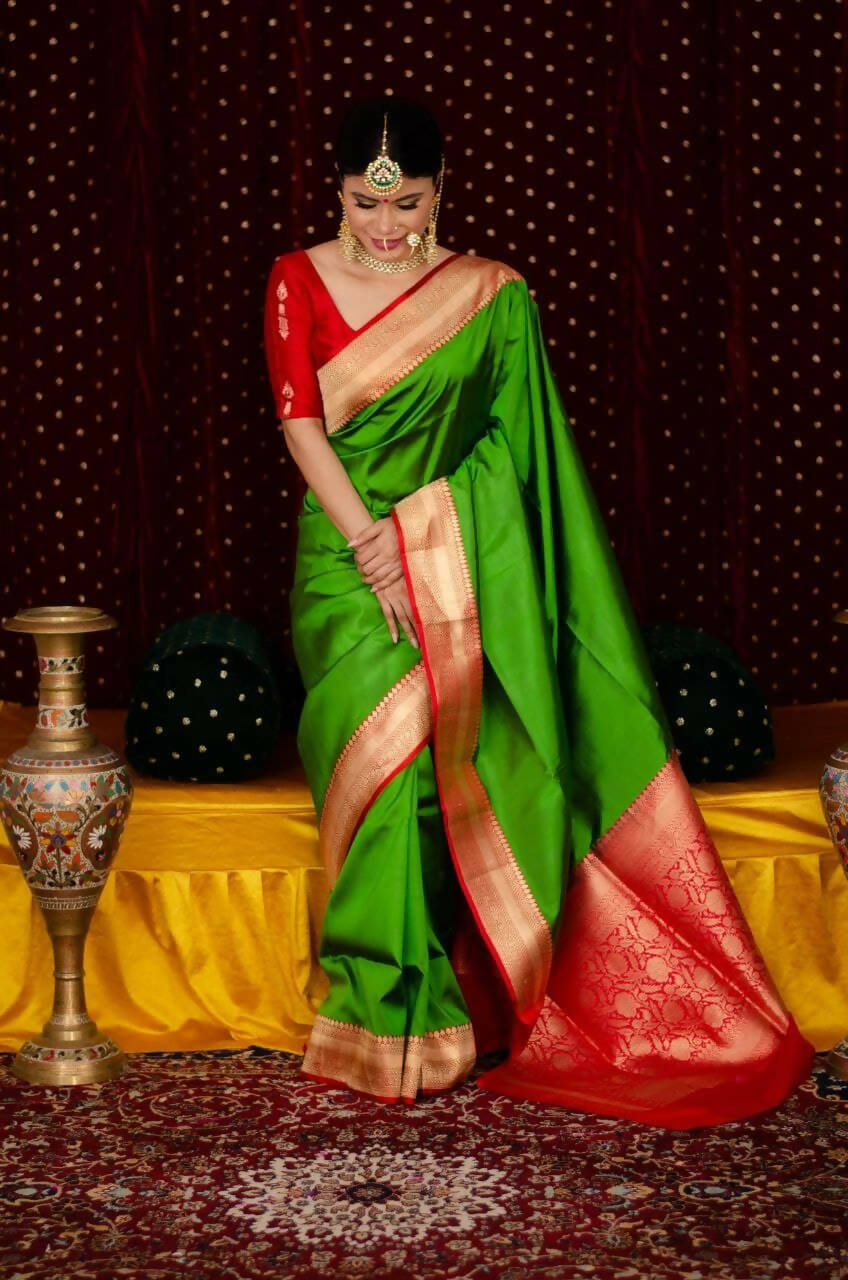 DEIANA'S Beautiful Designer Golden zari Soft Lichi Silk Saree - Green