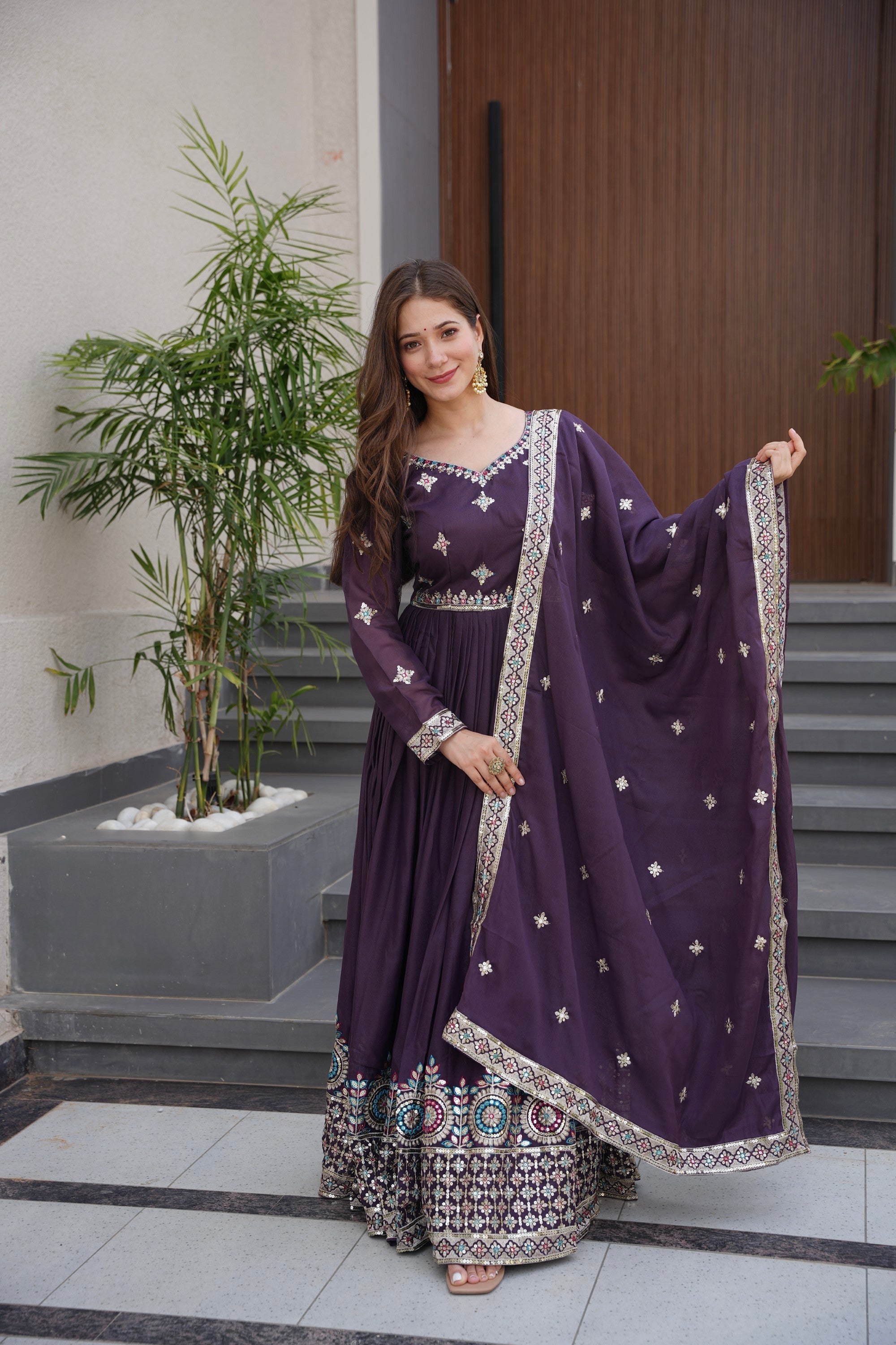 Lorenvalley Fashion Wine Diamond Silk with Embroidery Threads & Sequins Work Anarkali Gown with Dupatta - Distacart