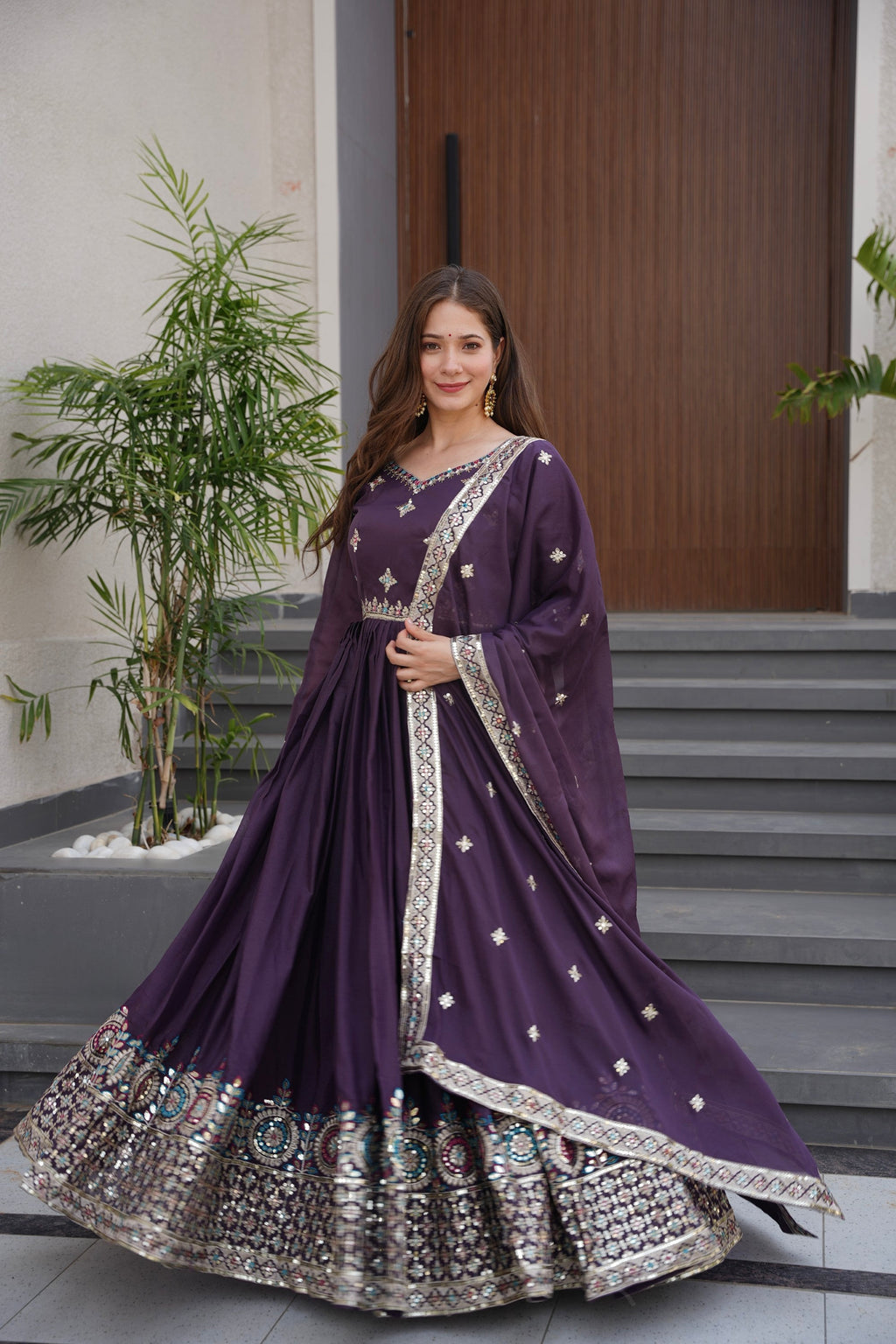 Lorenvalley Fashion Wine Diamond Silk with Embroidery Threads & Sequins Work Anarkali Gown with Dupatta - Distacart
