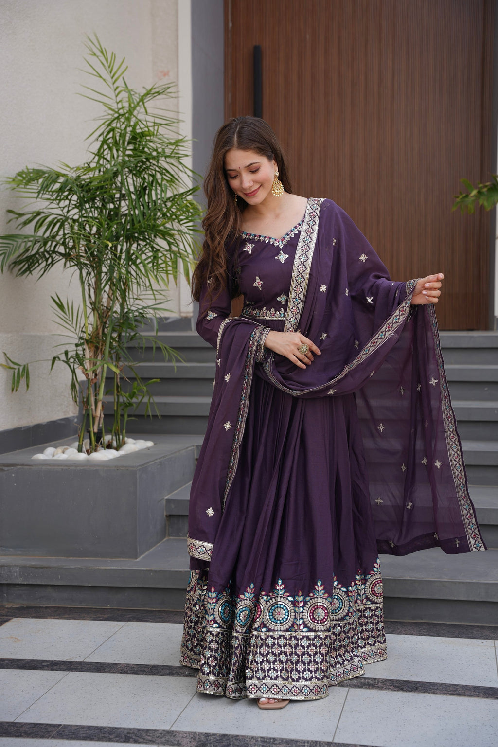 Lorenvalley Fashion Wine Diamond Silk with Embroidery Threads & Sequins Work Anarkali Gown with Dupatta - Distacart