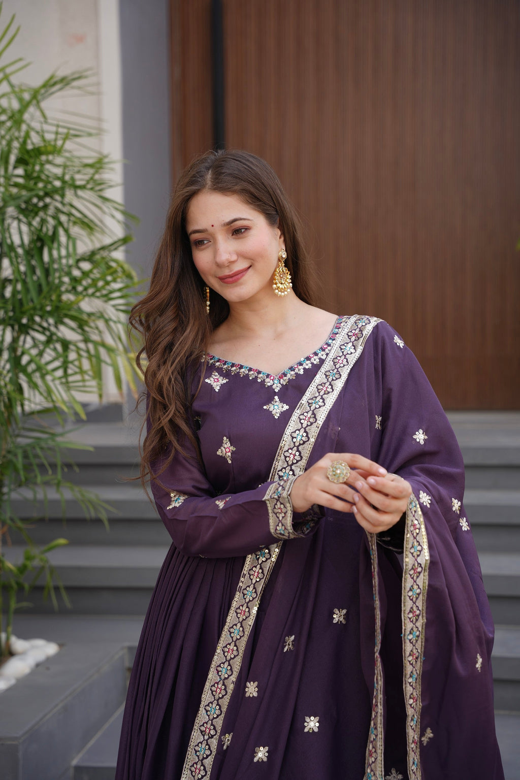 Lorenvalley Fashion Wine Diamond Silk with Embroidery Threads & Sequins Work Anarkali Gown with Dupatta - Distacart