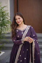 Lorenvalley Fashion Wine Diamond Silk with Embroidery Threads & Sequins Work Anarkali Gown with Dupatta - Distacart