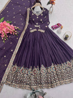 Lorenvalley Fashion Wine Diamond Silk with Embroidery Threads & Sequins Work Anarkali Gown with Dupatta - Distacart