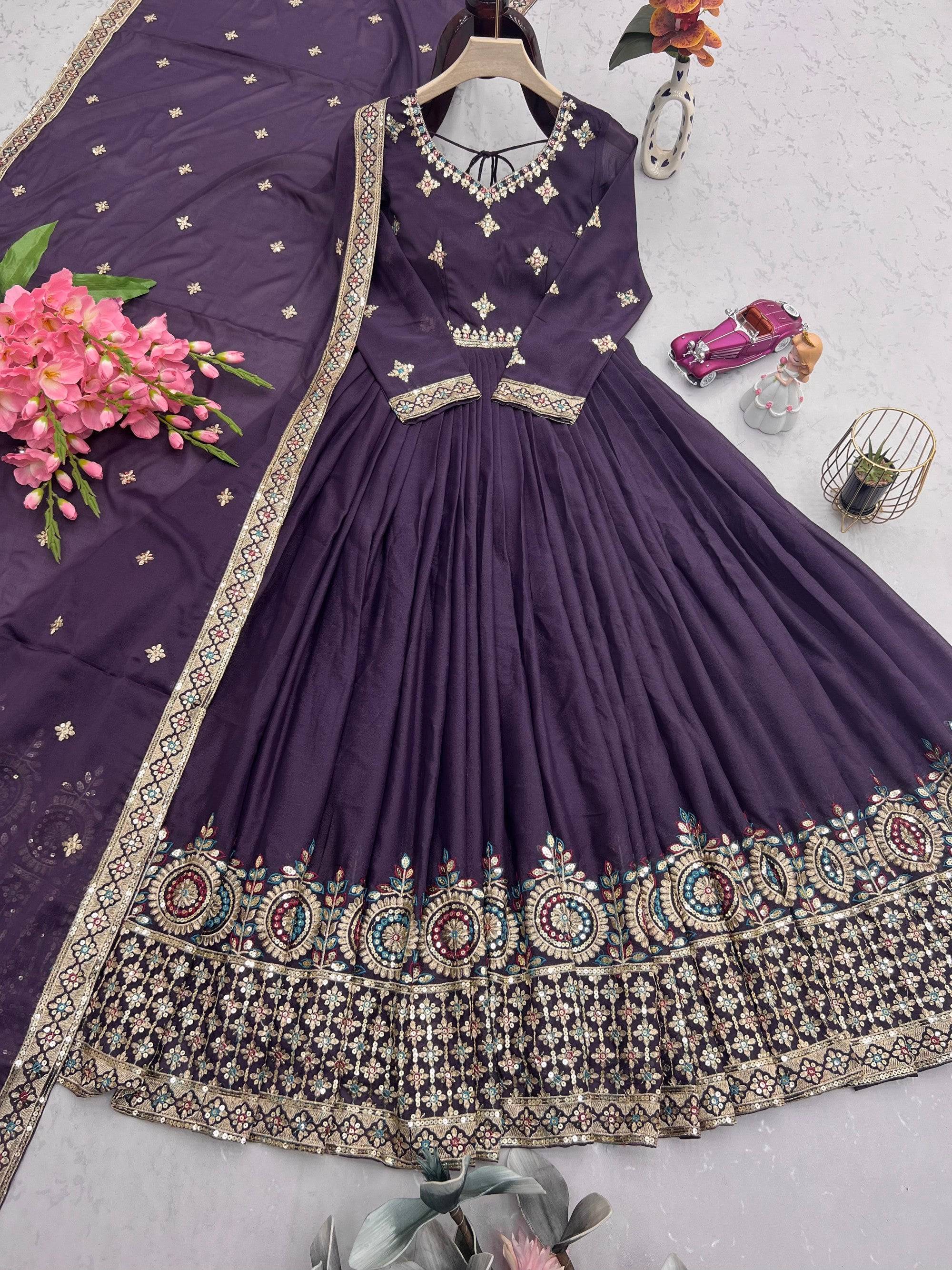Lorenvalley Fashion Wine Diamond Silk with Embroidery Threads & Sequins Work Anarkali Gown with Dupatta - Distacart