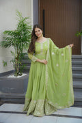 Lorenvalley Fashion Parrot Green Crunchy Silk with Embroidery Codding & Sequins Work Anarkali Gown with Dupatta - Distacart