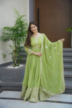 Lorenvalley Fashion Parrot Green Crunchy Silk with Embroidery Codding & Sequins Work Anarkali Gown with Dupatta - Distacart
