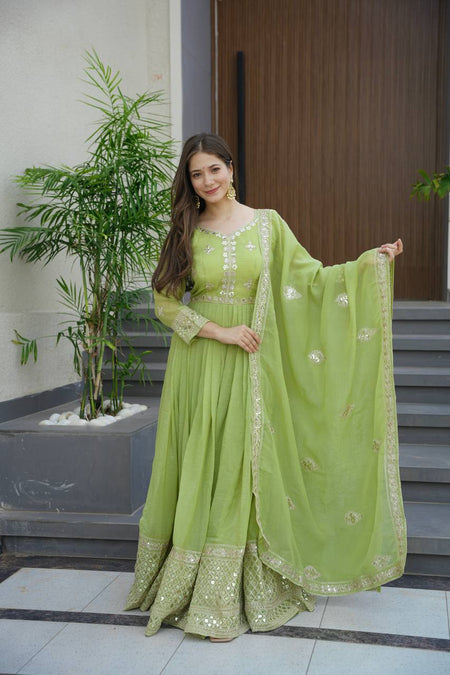 Lorenvalley Fashion Parrot Green Crunchy Silk with Embroidery Codding & Sequins Work Anarkali Gown with Dupatta
