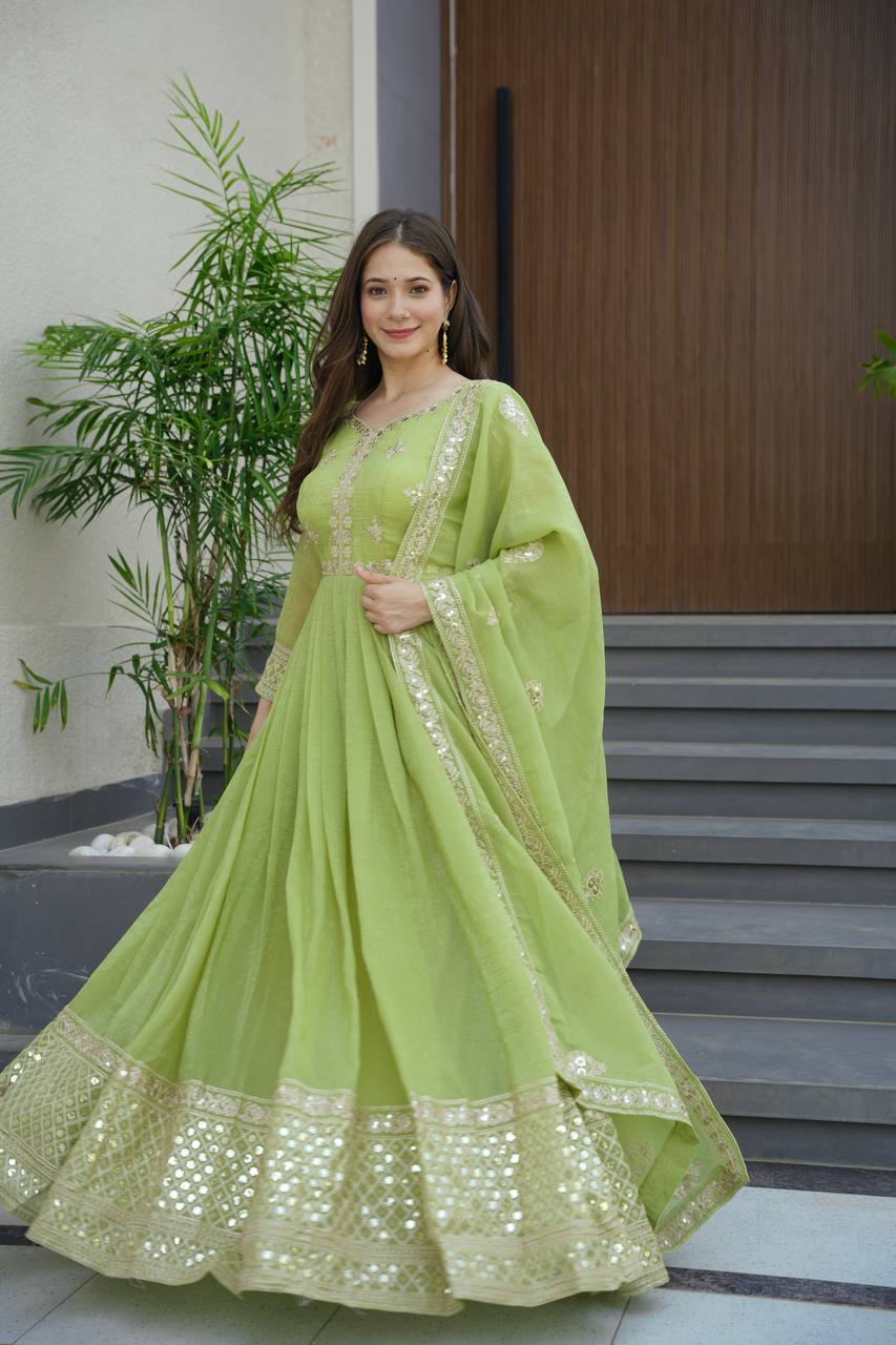 Lorenvalley Fashion Parrot Green Crunchy Silk with Embroidery Codding & Sequins Work Anarkali Gown with Dupatta - Distacart