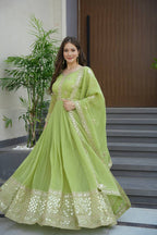 Lorenvalley Fashion Parrot Green Crunchy Silk with Embroidery Codding & Sequins Work Anarkali Gown with Dupatta - Distacart