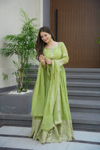 Lorenvalley Fashion Parrot Green Crunchy Silk with Embroidery Codding & Sequins Work Anarkali Gown with Dupatta - Distacart