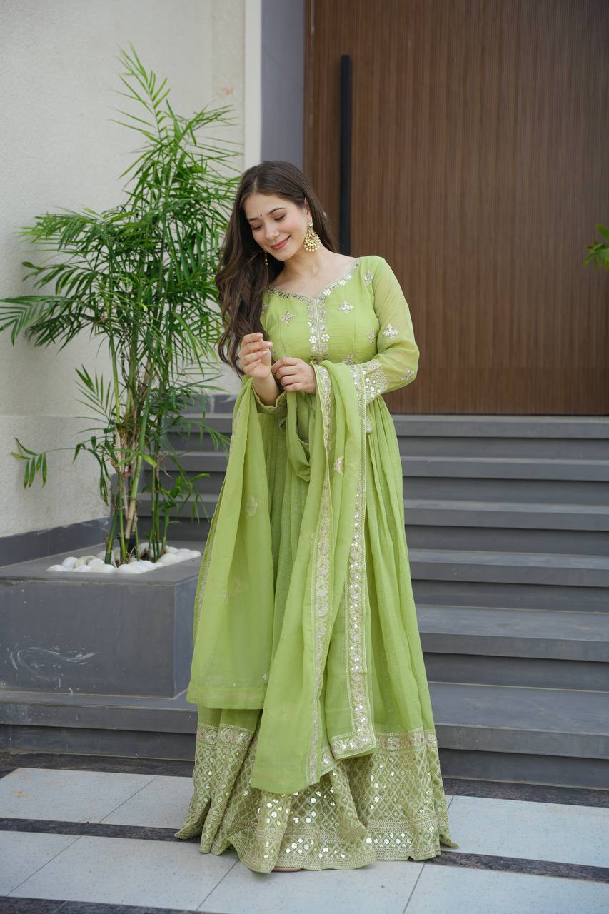 Lorenvalley Fashion Parrot Green Crunchy Silk with Embroidery Codding & Sequins Work Anarkali Gown with Dupatta - Distacart